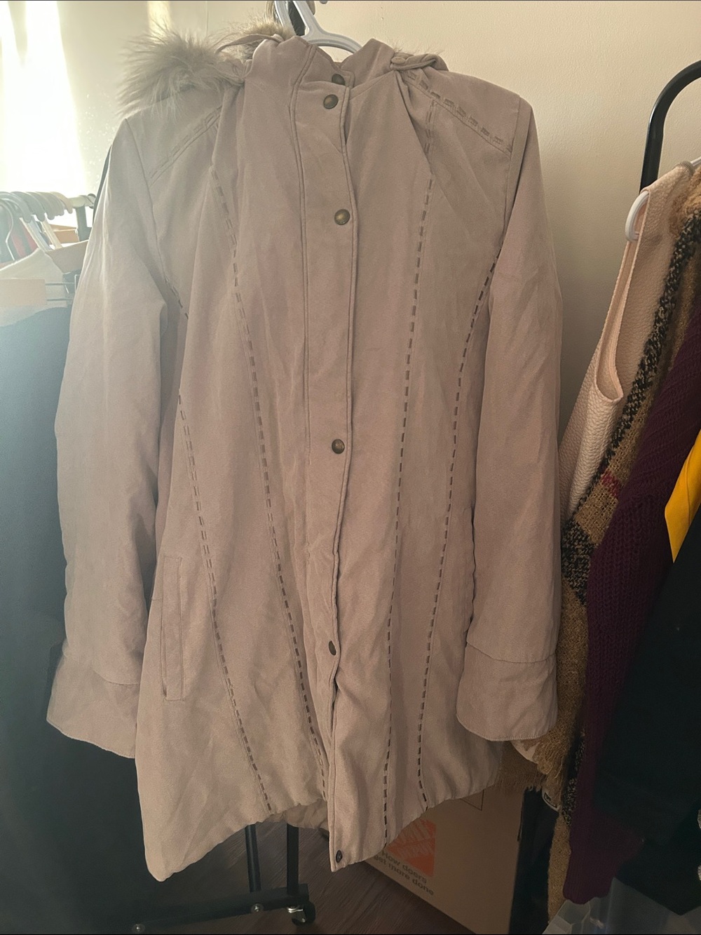 Women's Taupe Hooded Trench Coat with Faux Fur Trim